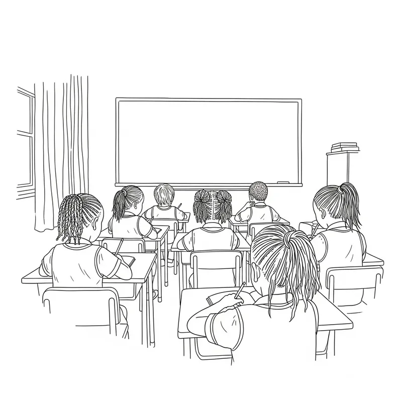 7 Yrs Old African Pupils Classroom Line Drawing