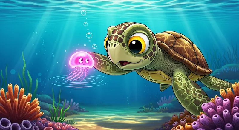 C Cuteness in the Sea: Turtle Playing with Jellyfish and Yellow Eyes