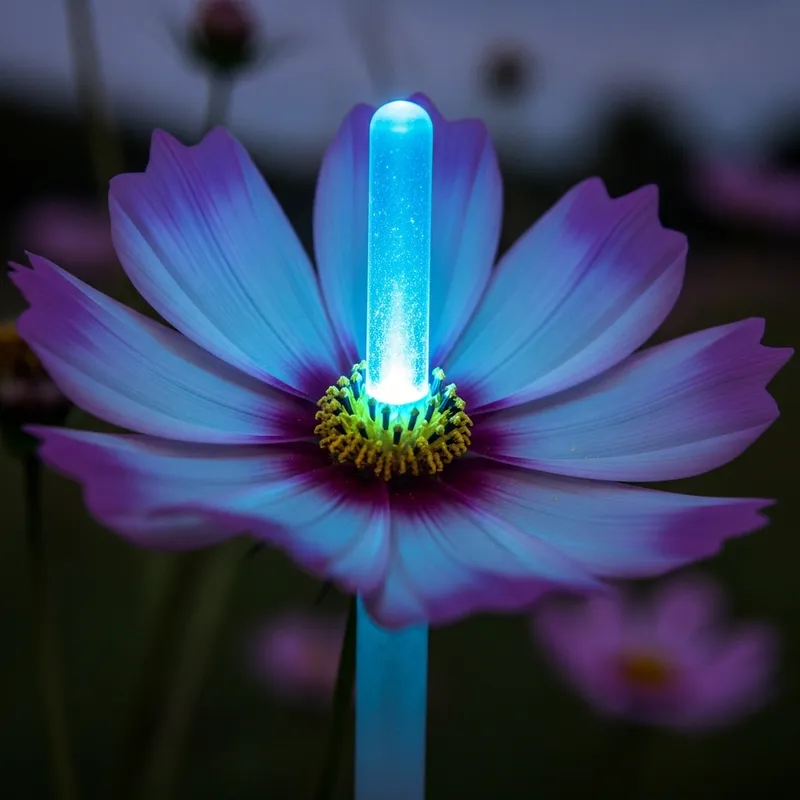 Enchanted Cosmos Flower Illuminated by Sky Blue Light Stick