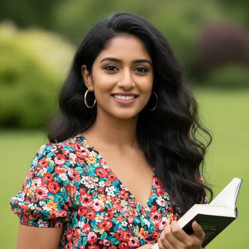 Elegant South Asian Woman in Vibrant Summer Dress | Literary Enthusiast