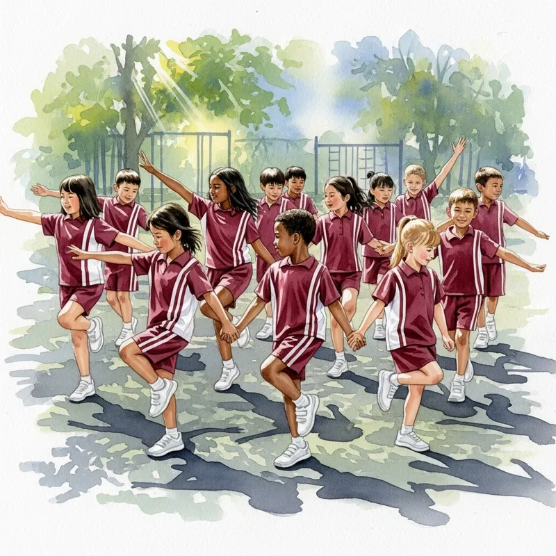 Classmates in Maroon PE Uniform Performing Dance