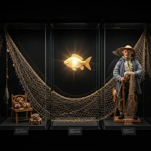Radiant Golden Fish and Fisherman Doll Display