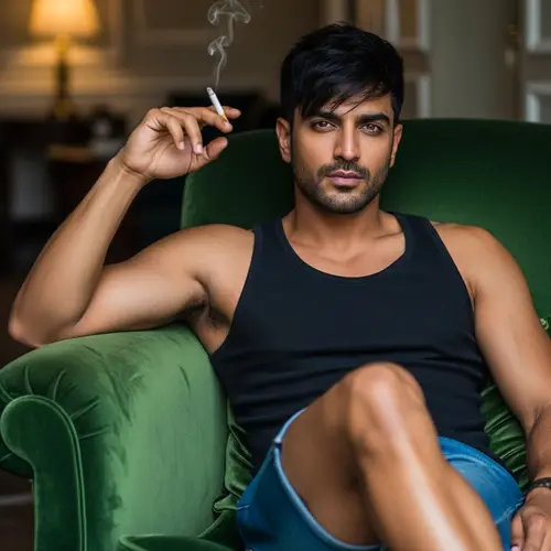 South Asian Man on Velvet Armchair with Cigarette