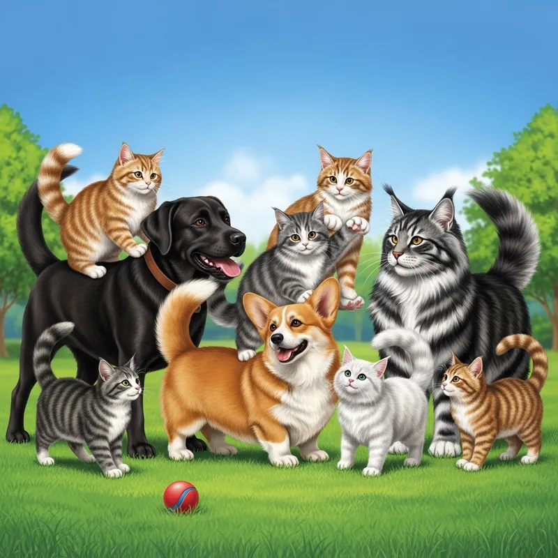 Harmonious Interaction Between Cats and Dogs in a Green Park