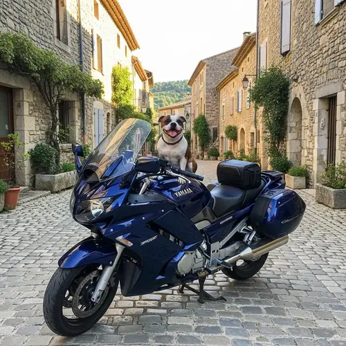 Staffordshire Bull Terrier on Yamaha FJR 1300 in Saint Guilhem le Desert