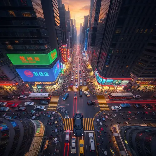 Dynamic Cityscape at Dusk with Neon Lights & Sports Car