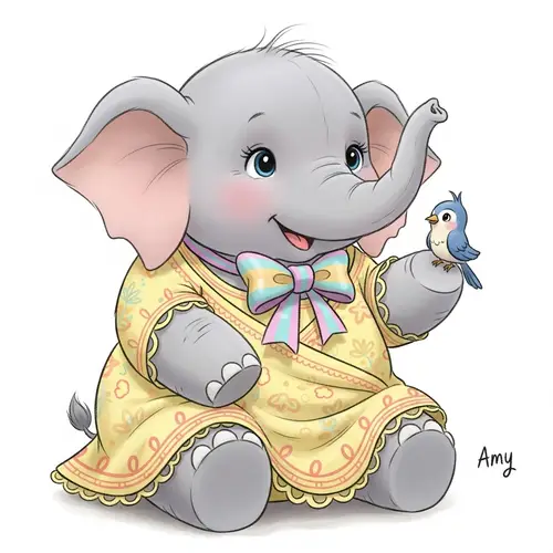 Jovial Young Elephant Amy in Enchanting Pastel Dress