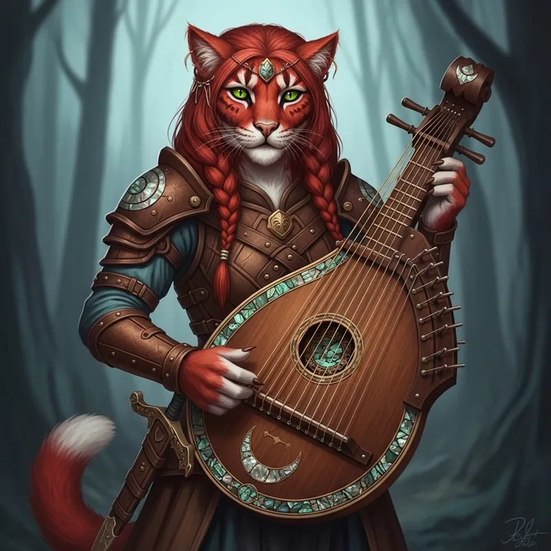 Majestic Tabaxi with Red Fur, Green Eyes & Enchanting Zither