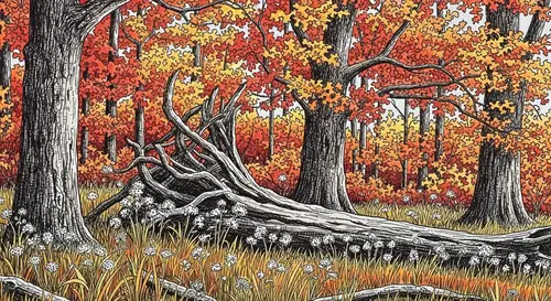 Intricate Ink Drawing of Autumnal Oak Grove | Detailed Foliage Artwork
