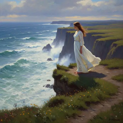 Young Woman on Cliff Edge Overlooking Stormy Sea | Impressionist Style