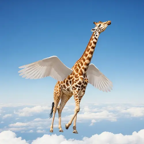 Flying Giraffe: Whimsical Imagery in a Crisp Blue Sky