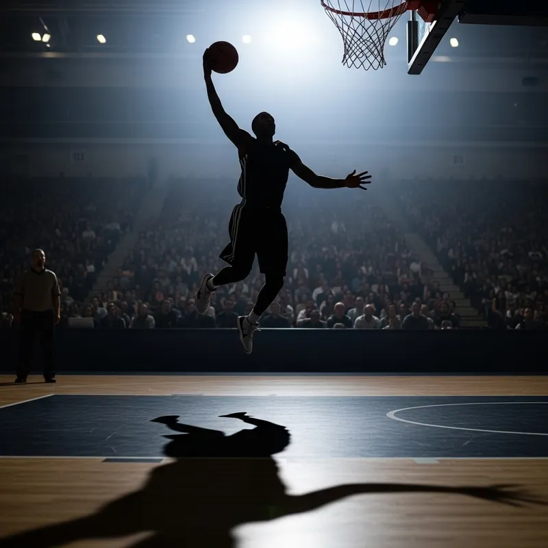 Dynamic Basketball Player Silhouette Layup Shot - Intense Action Image