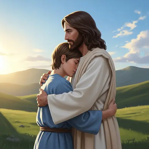 Jesus Christ Embracing a Person | Peaceful Landscape Artwork