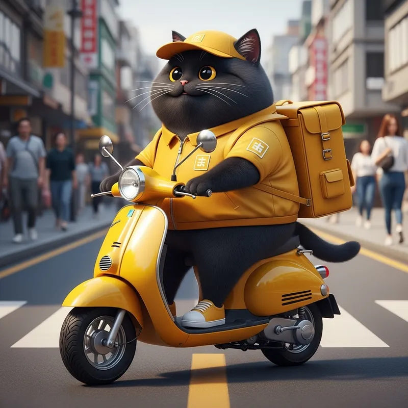 Chubby Cartoon Cat Turned Real Life Courier: Yellow Moped Adventure