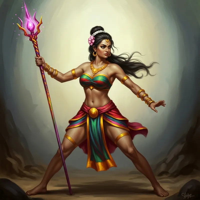 Powerful South Asian Female Warrior with Mystical Staff and Vibrant Colors