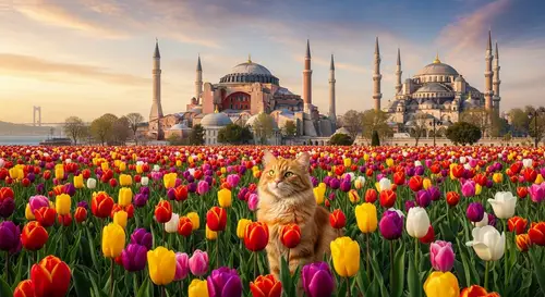 Hagia Sophia Mosque & Red Cat in Vibrant Tulip Field