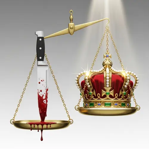 Balance Scale with Bloodied Knife and Regal Crown