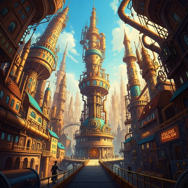Surreal Steampunk Cityscape: Vibrant Colors, Grandeur Views