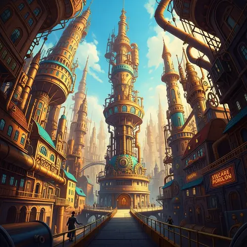 Imaginative Steampunk Cityscape: Vibrant, Exaggerated Perspective
