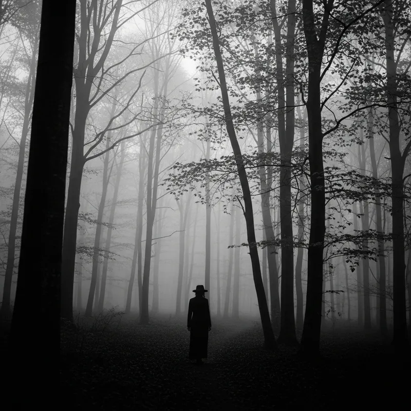 Enigmatic Individual in Mist-Enveloped Forest | Grayscale Noir Photography