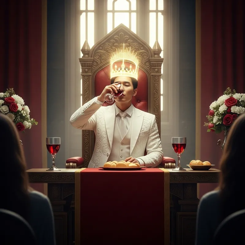 Regal Throne Room in New Jerusalem: Luminous Asian Man Communion Scene