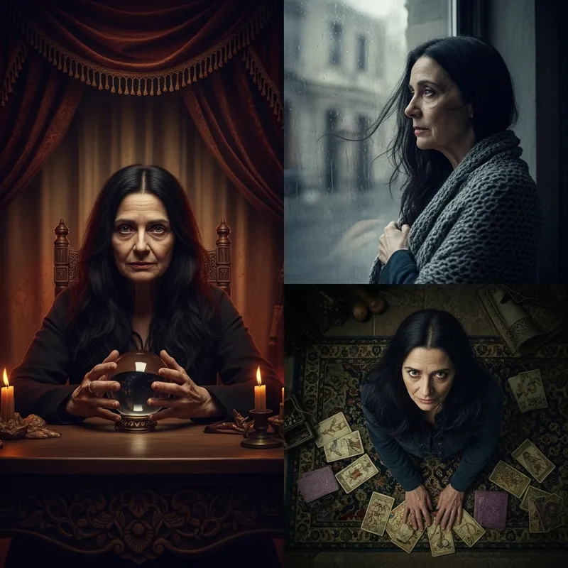 Fortune Teller Woman with Black Hair, Age 45, Varied Backgrounds Fortune Teller Woman with Black Hair, Age 45, Varied Backgrounds