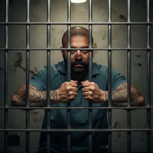 Notorious Prisoner Behind Bars: Solemn South Asian Male in Old Prison Cell