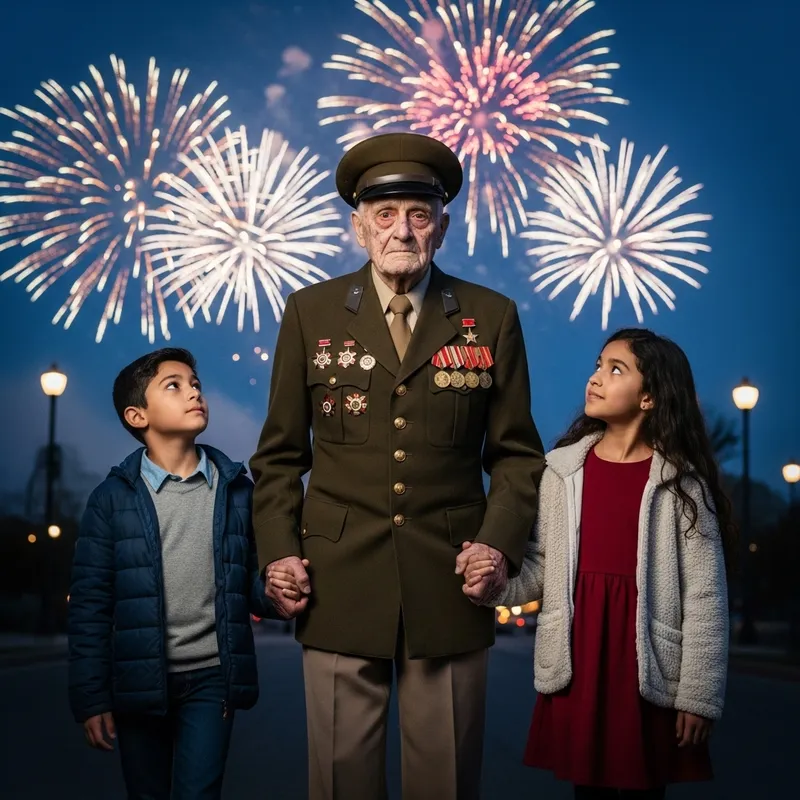 Elderly War Veteran and Children Amidst Salute | Peace and Freedom Celebration Elderly War Veteran and Children Amidst Salute | Peace and Freedom Celebration