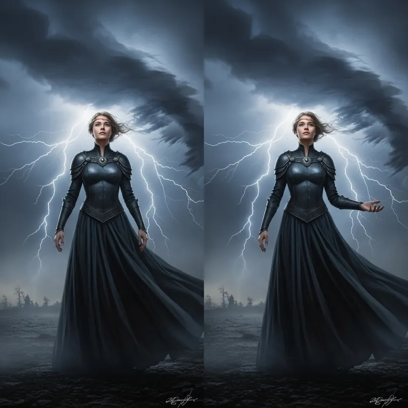 Noble Woman Embracing Transformation Amidst Wind and Thunder