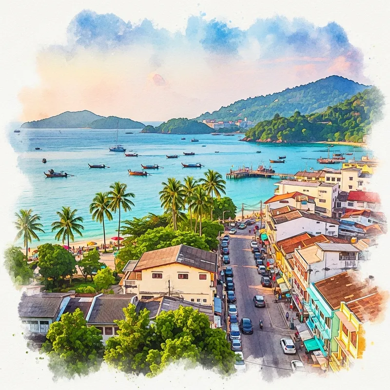 Phuket Watercolor Painting: Serene Sea, Long-tail Boats & Colorful Streets