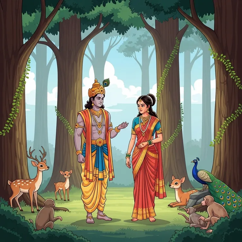 Ram and Sita: Mythological Scene with Courageous South Asian Couple in Royal Attire