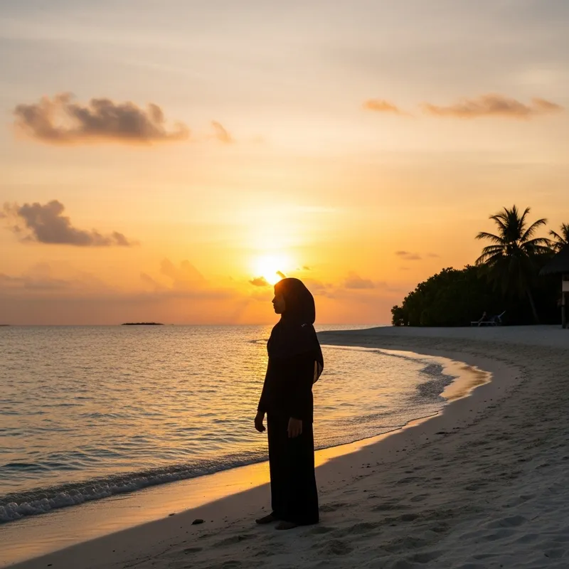 Serene Sunset Moment: Young Girl in Hijab on Maldives Beach