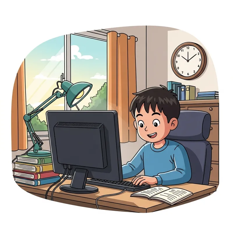 Young East Asian Boy Deeply Engrossed in Learning on Computer