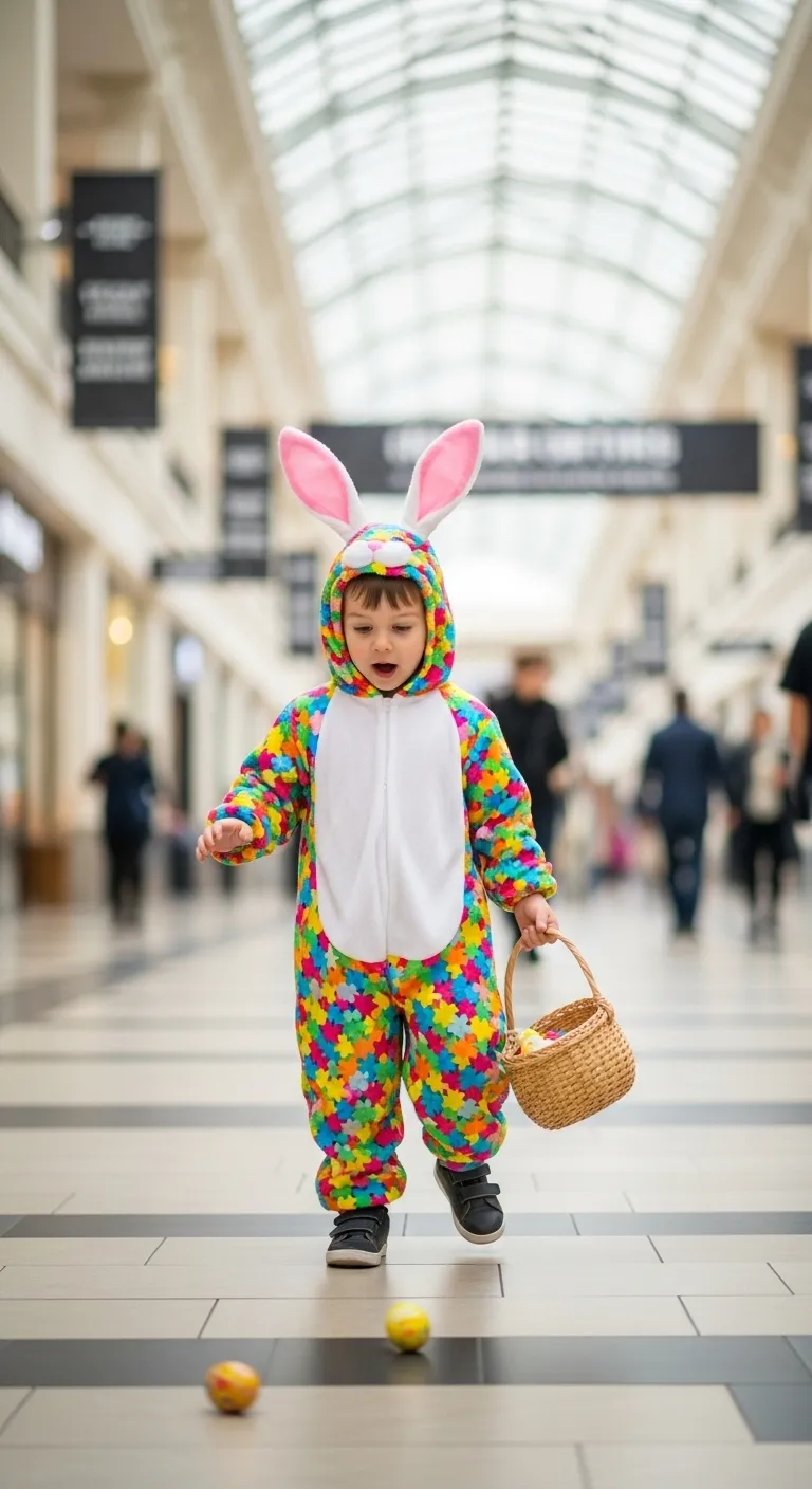 Vibrant Spring Easter Hunt: Boy in Bunny Costume at Shopping Center