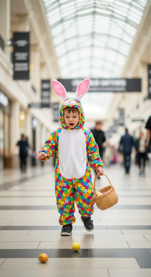 Energetic Young Boy in Bunny Costume Finds Easter Egg in Shopping Complex