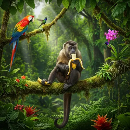 Monkey Eating Banana in Lush Rainforest | Wildlife Scene
