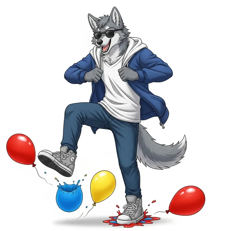 Adorable Gray Wolf Popping Balloons in Trendy Attire | Anime Style