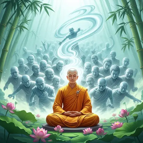 Serene Asian Monk Surrounded by Spirits | Mystical Landscape