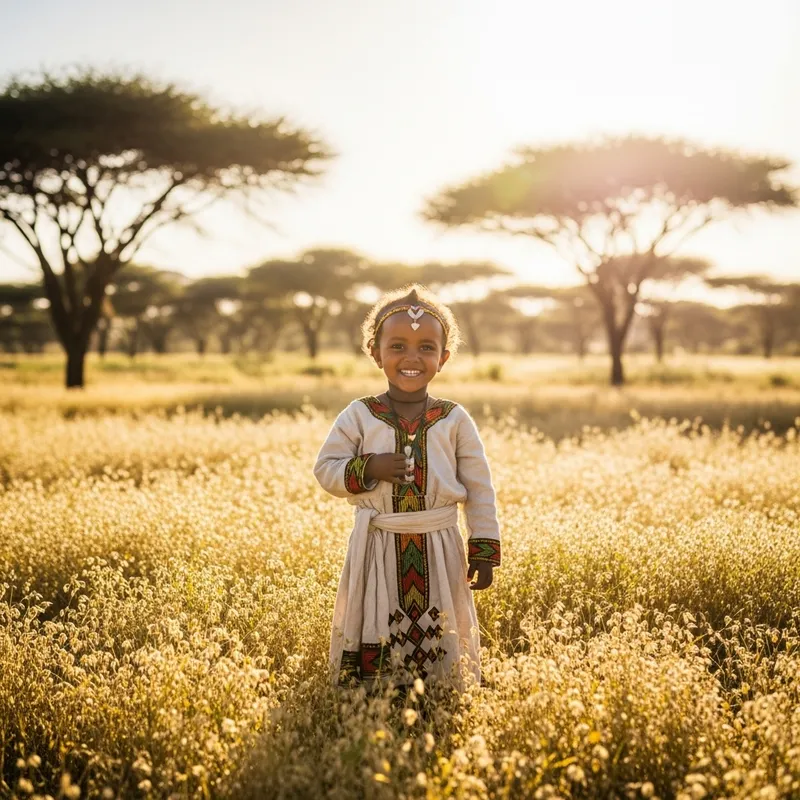 Ethiopian Kid in Traditional Clothing Smiling in Teff Field