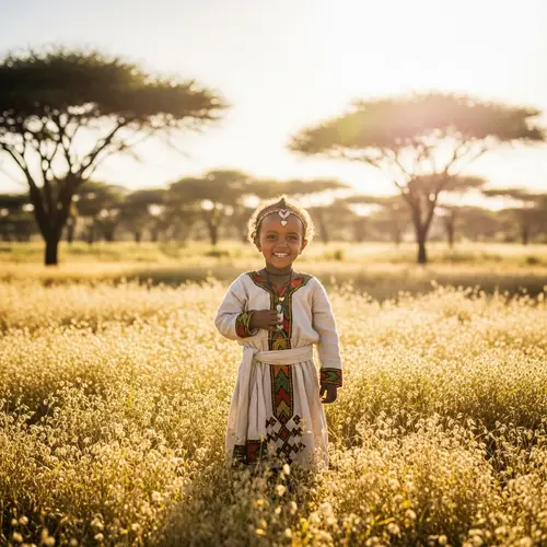 Young Ethiopian Child in Traditional Clothing Smiling in Teff Field