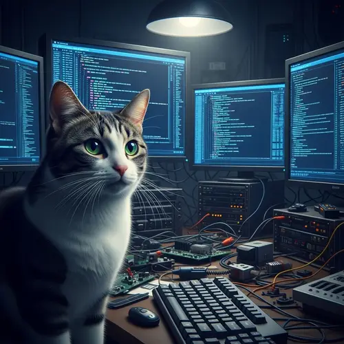 Tech-Savvy Feline: Hacker Cat in a Dimly Lit Lair