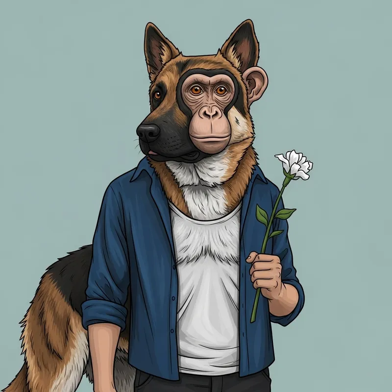 Surreal Human-Monkey-Dog Hybrid Artwork