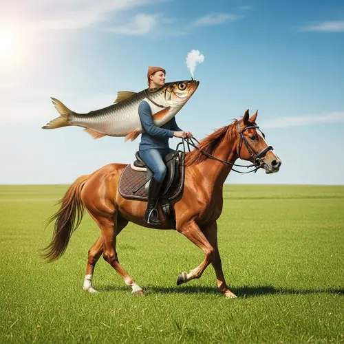 Whimsical Scene: Herring Riding Chestnut Horse in Sunny Field