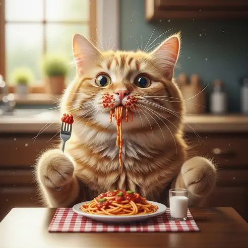 Cat Eating Spaghetti - Funny Feline Pasta Lover