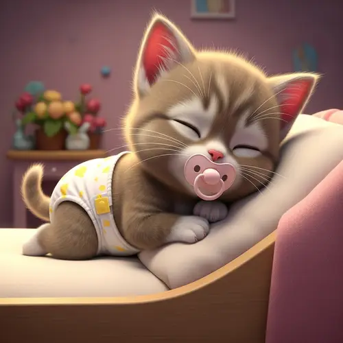 Adorable Newborn Animated Kitten in Diaper Sleeping Peacefully