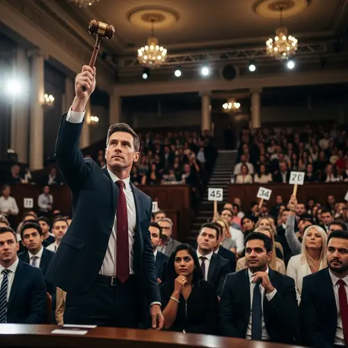 Realistic Auction Broker Raising Gavel in Trade Hall
