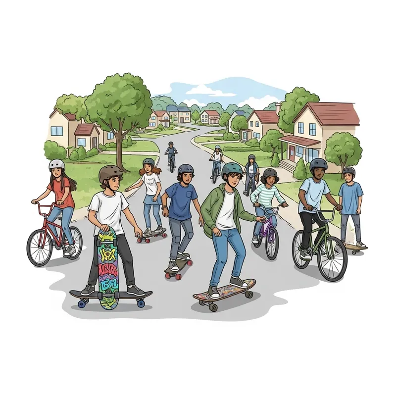 Colorful Teenagers Enjoying Skateboarding and Biking in Suburban Neighborhood