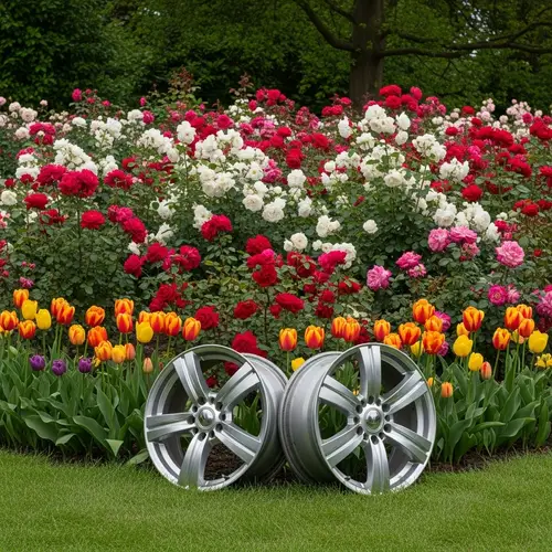 Number Eight Car Rims in Lush Garden | Elegant Floral Scene