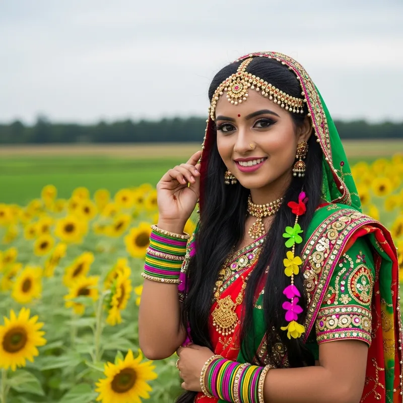 Captivating Indian Woman in Traditional Attire | Lush Green Fields View Captivating Indian Woman in Traditional Attire | Lush Green Fields View