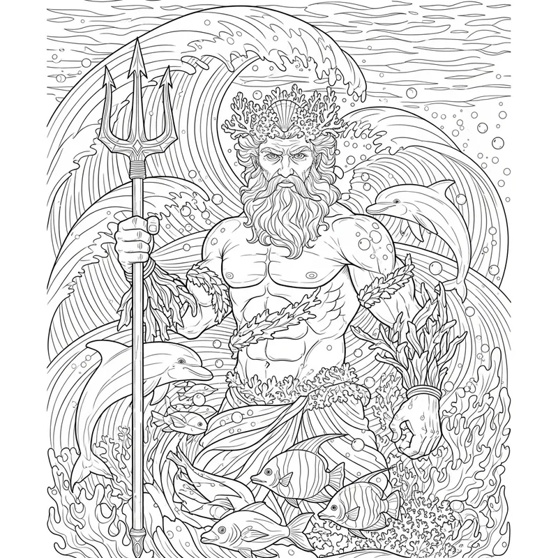 Poseidon Artistic Coloring Book Illustration